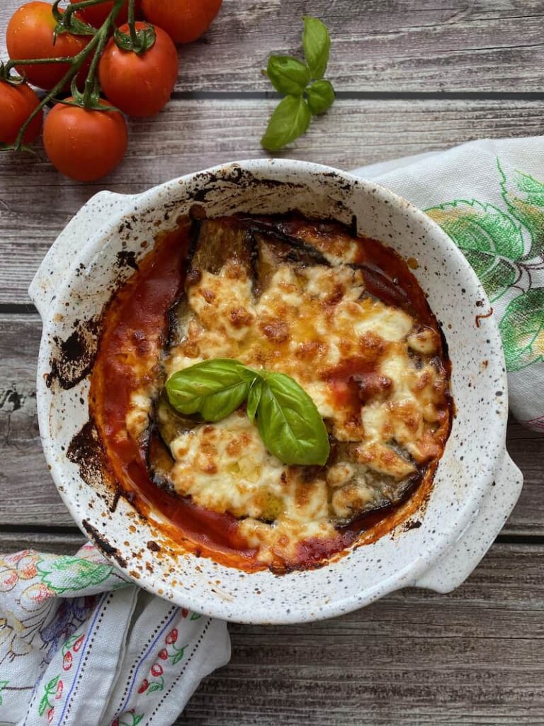 a plate full with eggplant parmesan