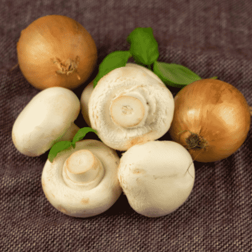 yellow onions and baby bella mushrooms