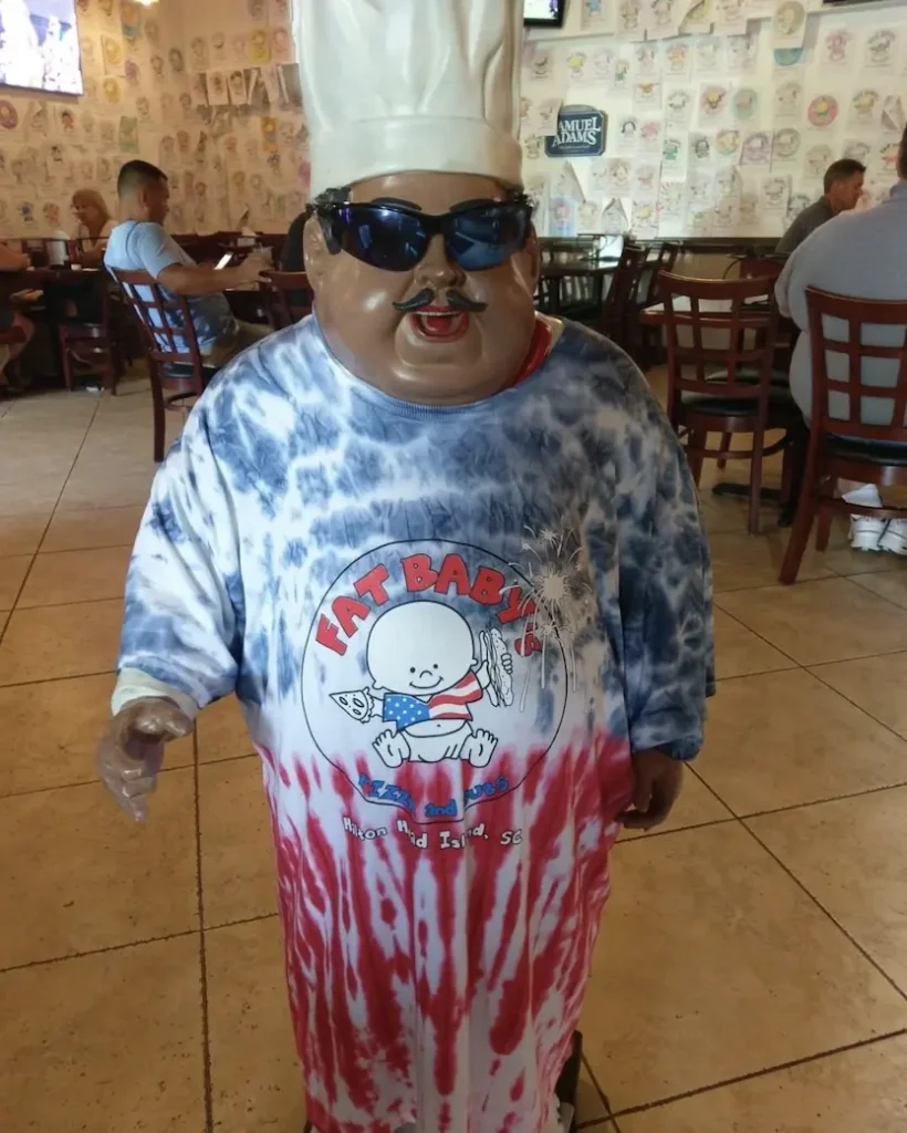 The statue at the entrance of Fat Baby's Pizza in Hilton Head Island