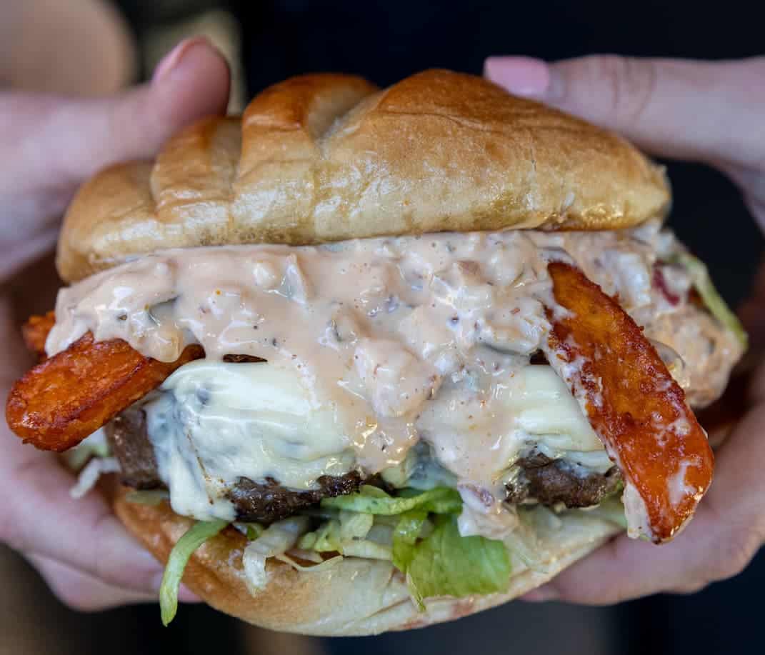 Cooked beef burger on a toasted bun