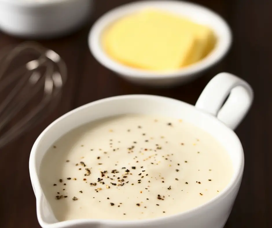 a bowl full of bechamel sauce seasoned with black pepper