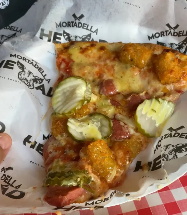 a slice of pizza made with this german pizza recipe. It has a warm, crispy look.