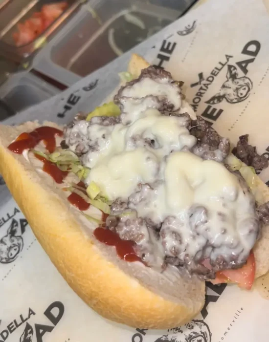 my finished chopped cheese sandwich on a Mortadella Head paper towel