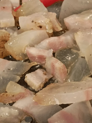 guanciale in large frying pan