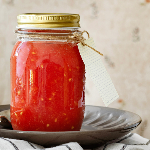 Container of homemade pasta sauce in refrigerator