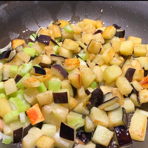 diced eggplant and celery cooked