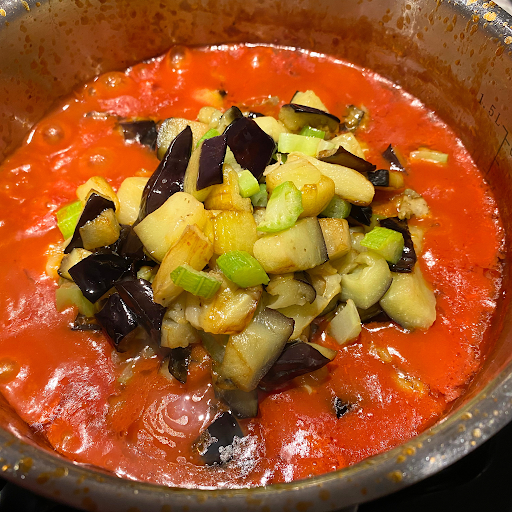 diced eggplant and celery simmered