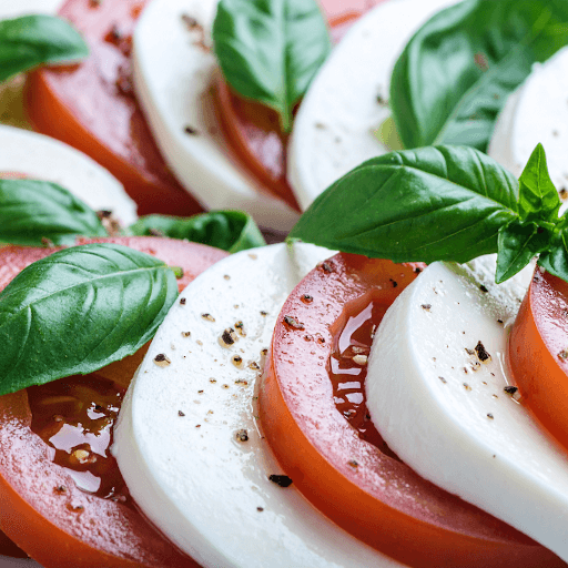 Caprese salad with tomato slices, mozzarella, and basil leaves