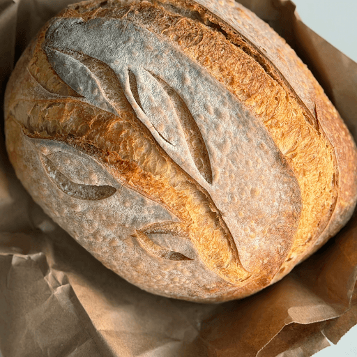 Rustic sourdough loaf with golden crust on parchment