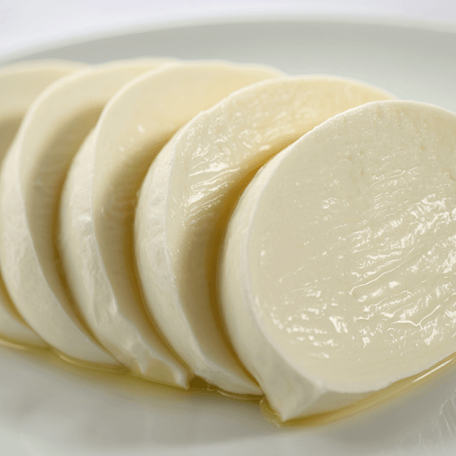 Sliced fresh mozzarella arranged on a white plate