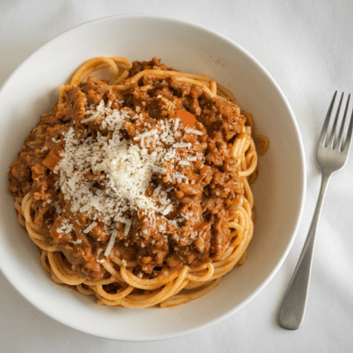 Spaghetti topped with thick meat sauce