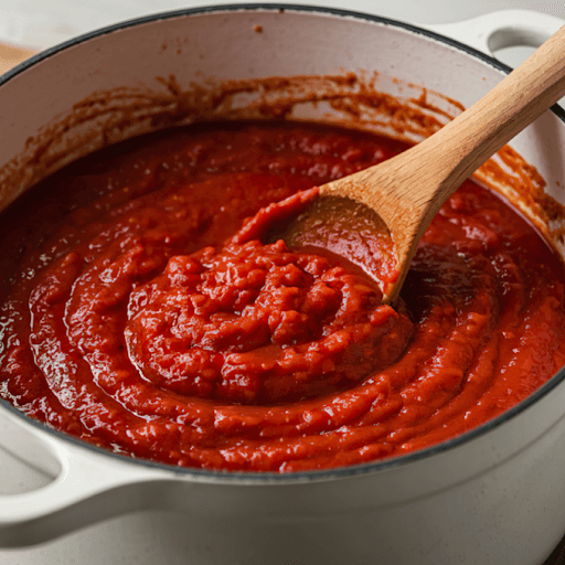 Thick tomato sauce simmering in pot